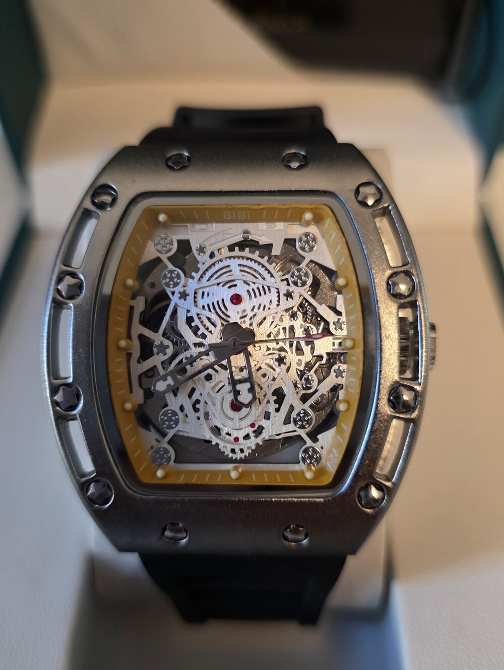 242. Skeleton Dial Stainless Watch with Yellow Accent